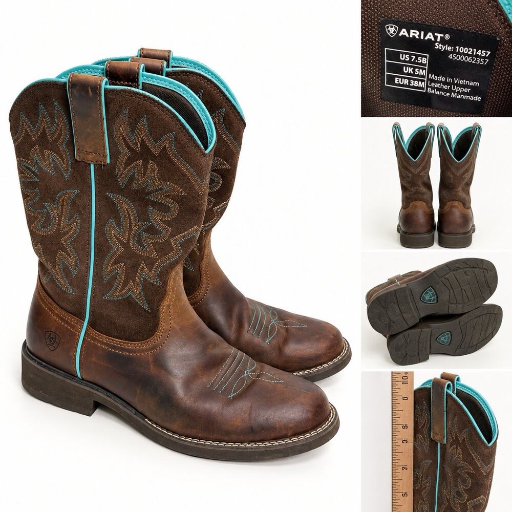 Ariat Brown Leather Western Cowgirl Boots Size 7.5B Style 10021457 Blue Piping